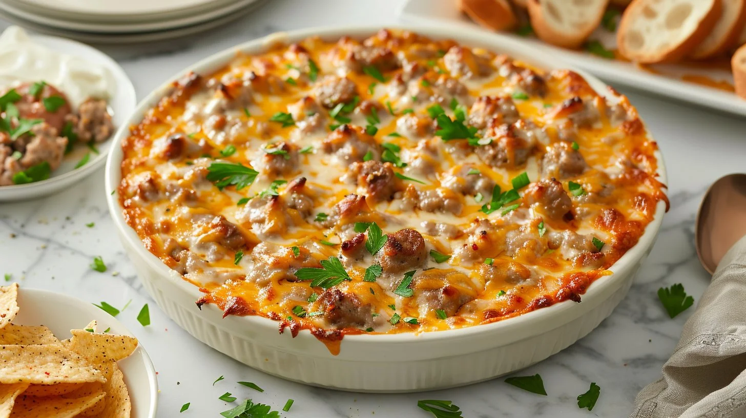 Bowl of creamy sausage dip served with tortilla chips for a delicious appetizer