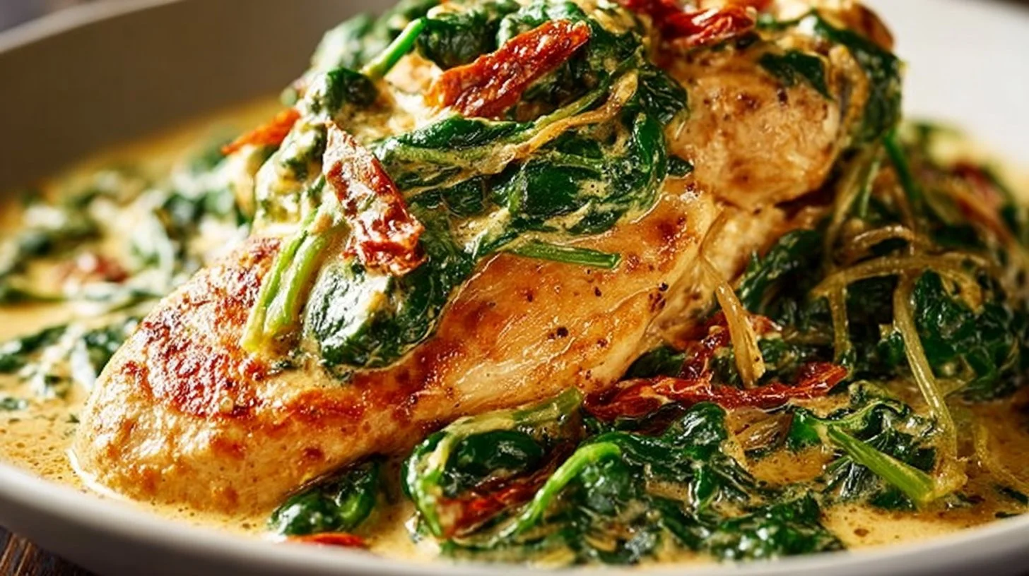 Creamy spinach chicken dish served on a plate with fresh ingredients