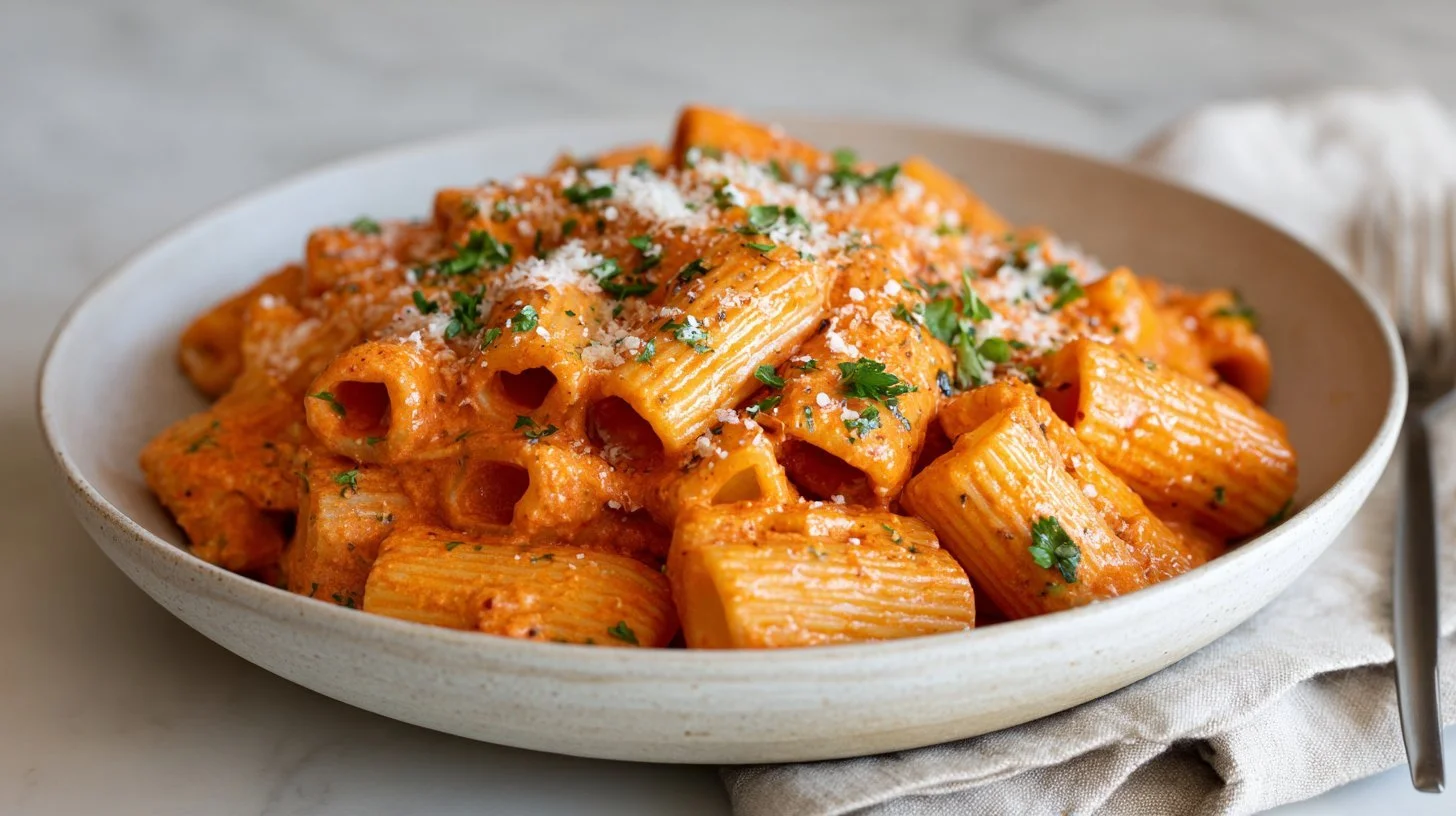 Creamy tomato rigatoni pasta served on a plate with fresh basil.