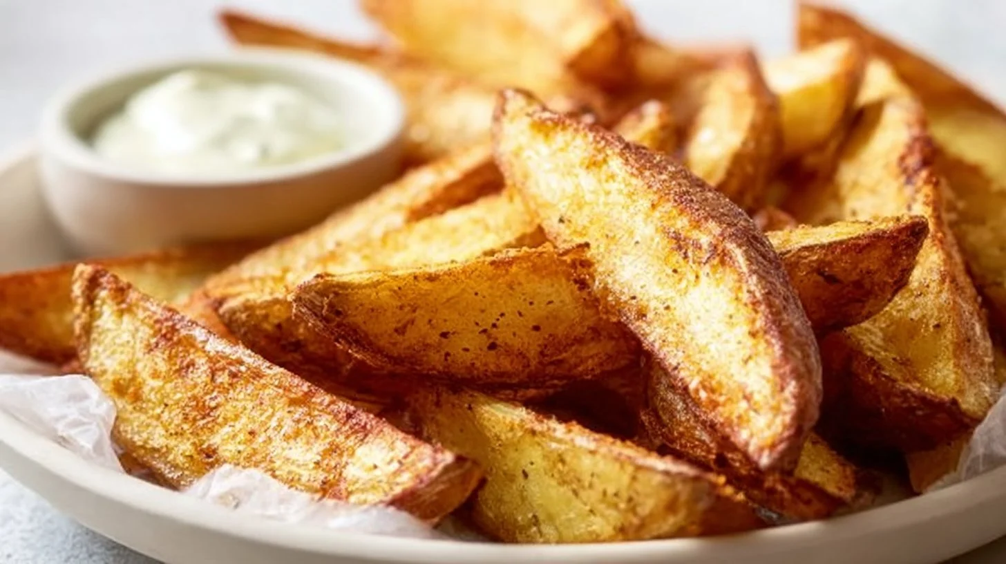 Crispy and golden air fryer potato wedges served on a plate.