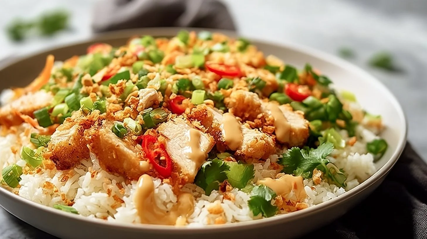 Crispy chicken and rice salad served in a bowl, high protein meal prep recipe