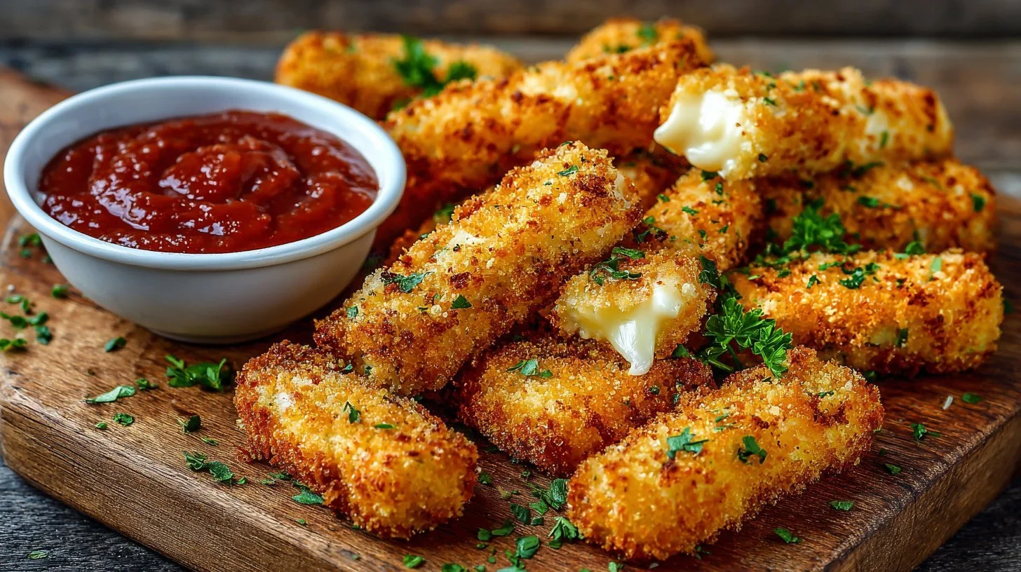 Crispy homemade air fryer mozzarella sticks served with marinara sauce.