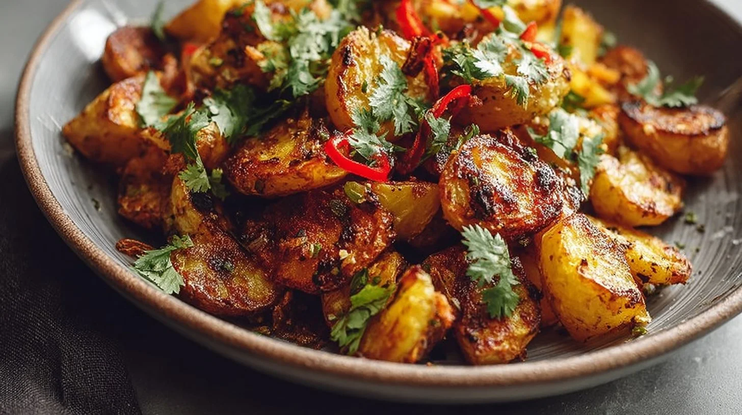 Bowl of crispy Mexican potatoes garnished with herbs and spices