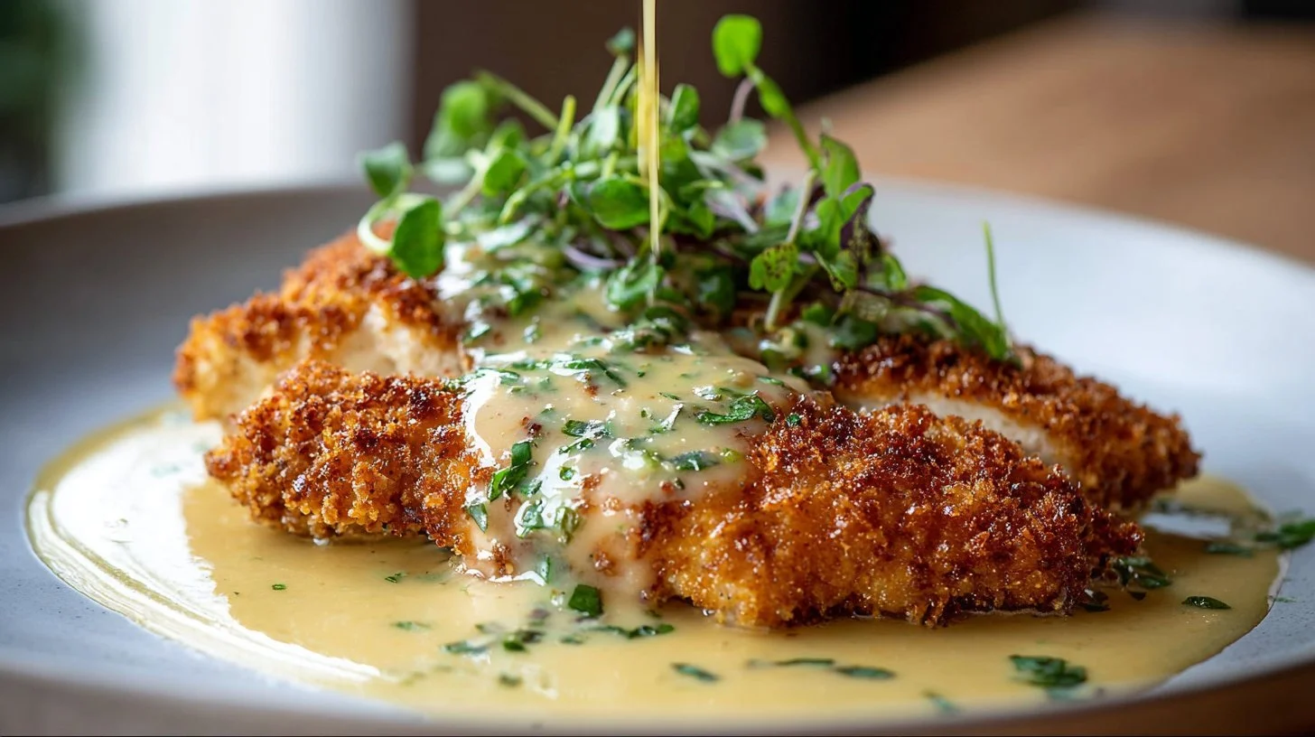 Crispy Parmesan Chicken drizzled with creamy garlic sauce on a white plate