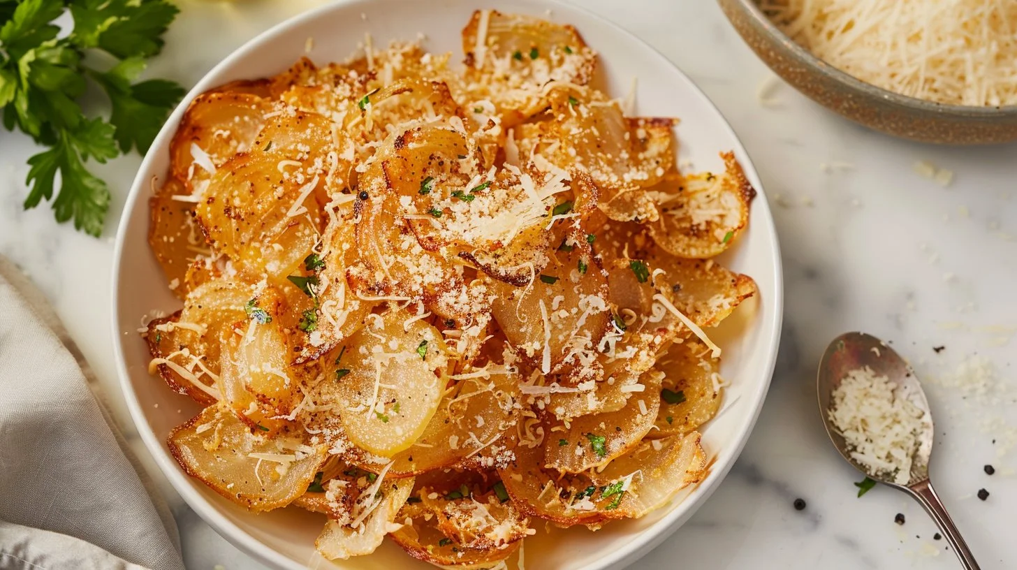 Crispy Parmesan onion chips served in a bowl, perfect snack for any event.