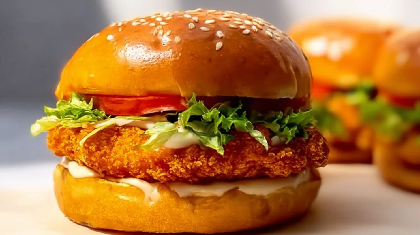 Crispy spicy chicken sandwich served with fresh vegetables and a side, healthy meal