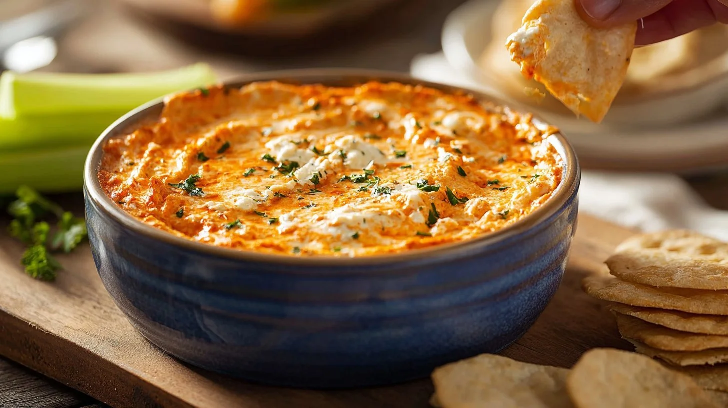Delicious Crock Pot Buffalo Chicken Dip served with tortilla chips.