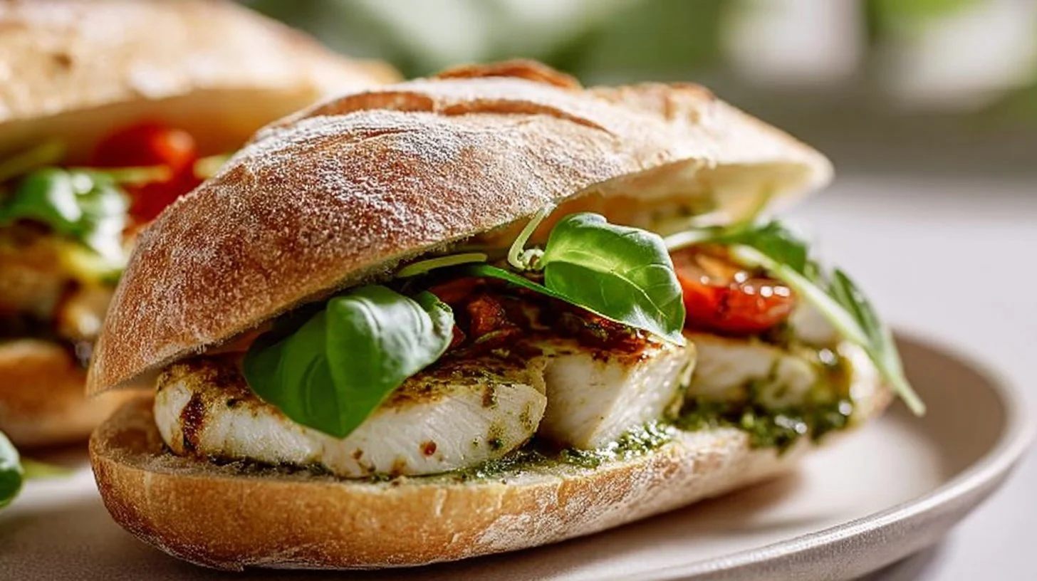 Delicious chicken pesto sandwich with fresh ingredients and vibrant flavors