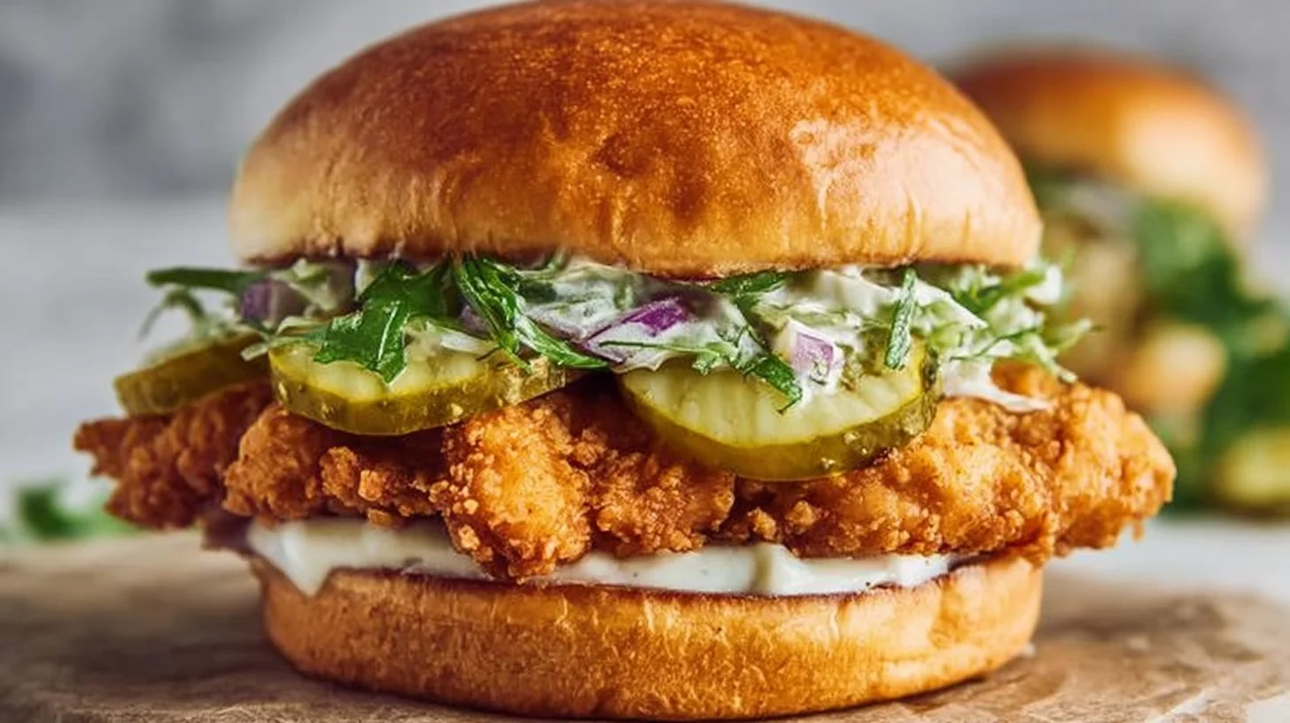 Delicious dill pickle chicken sandwich served on a rustic plate