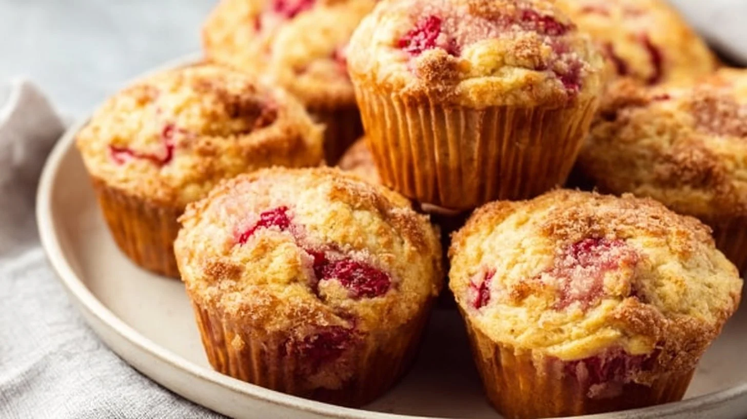 Deliciously soft strawberry rhubarb yogurt muffins fresh out of the oven