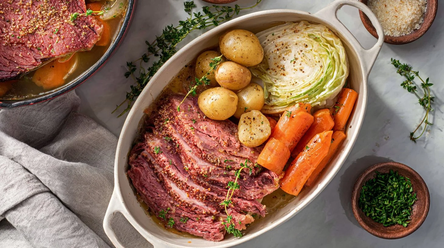 Dutch Oven Corned Beef and Cabbage dish served on a plate