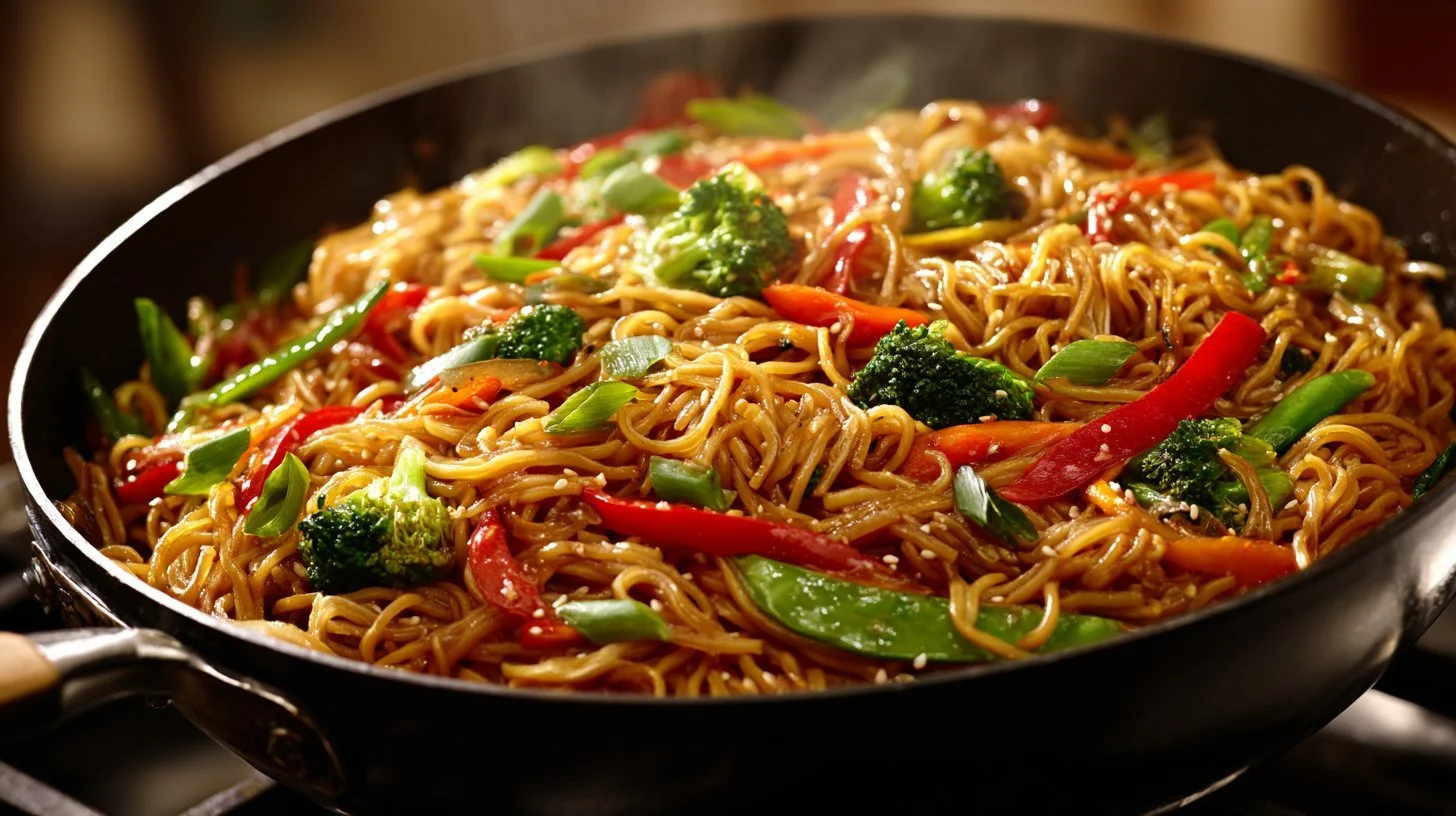 A plate of easy 10-minute pan fried noodles with savory stir fry sauce.