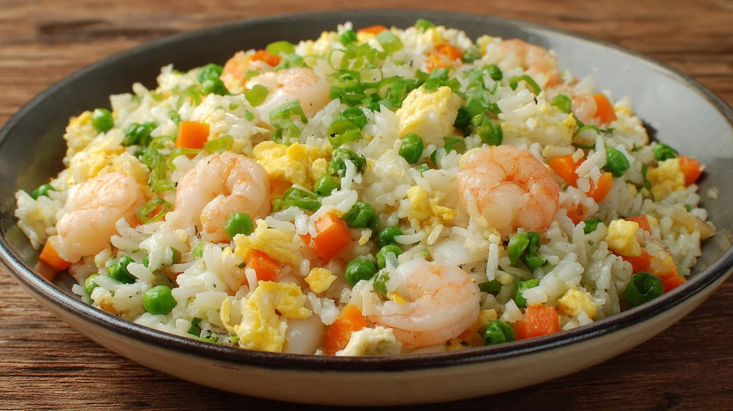 Homemade shrimp fried rice served in a bowl with colorful vegetables