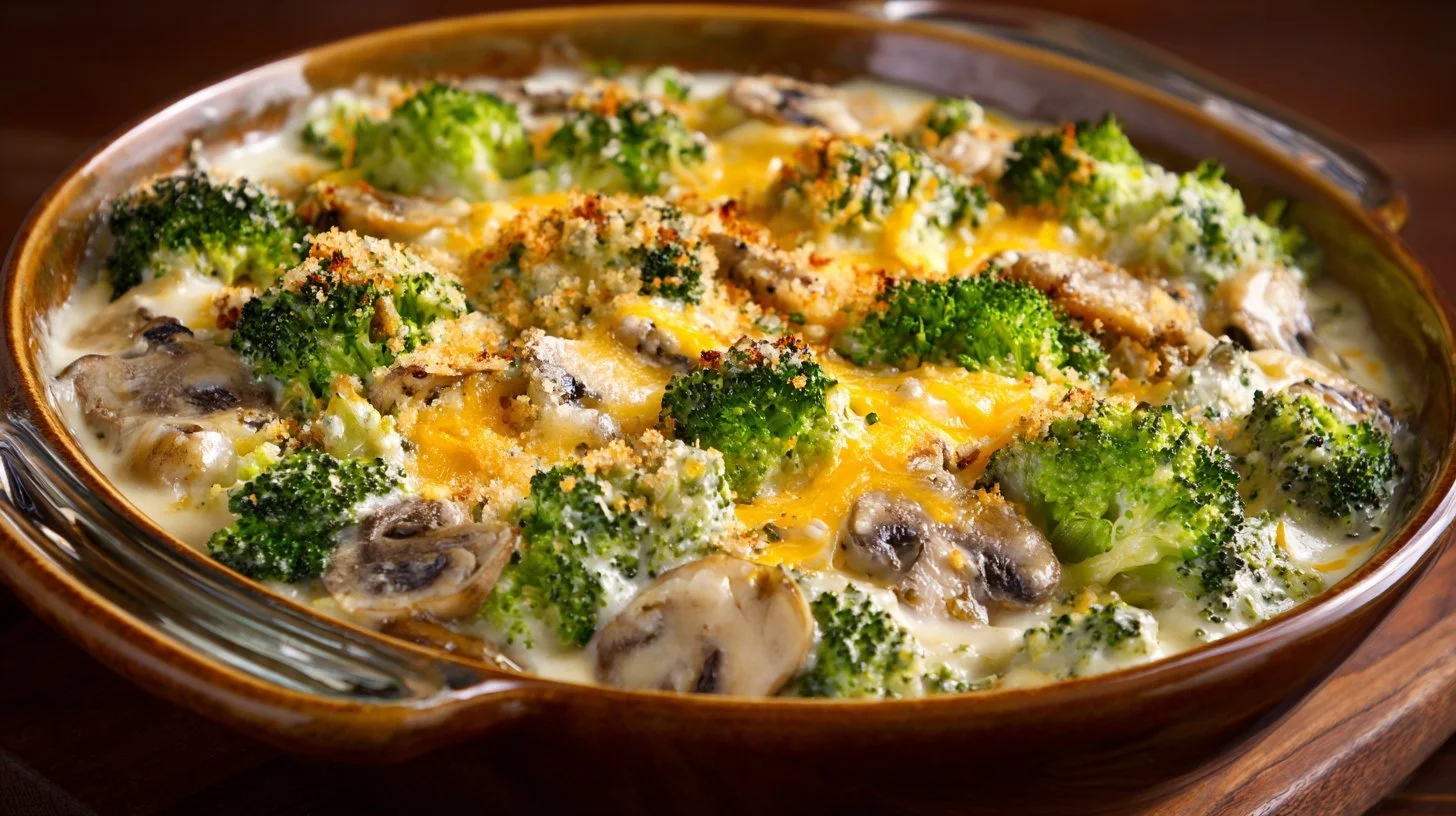 Baked cheesy mushrooms casserole topped with melted cheese and herbs.