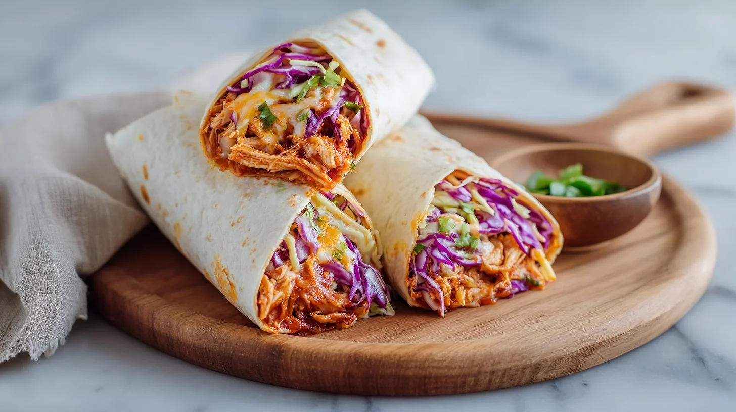 Easy BBQ chicken coleslaw wraps with crunchy flavor on a table