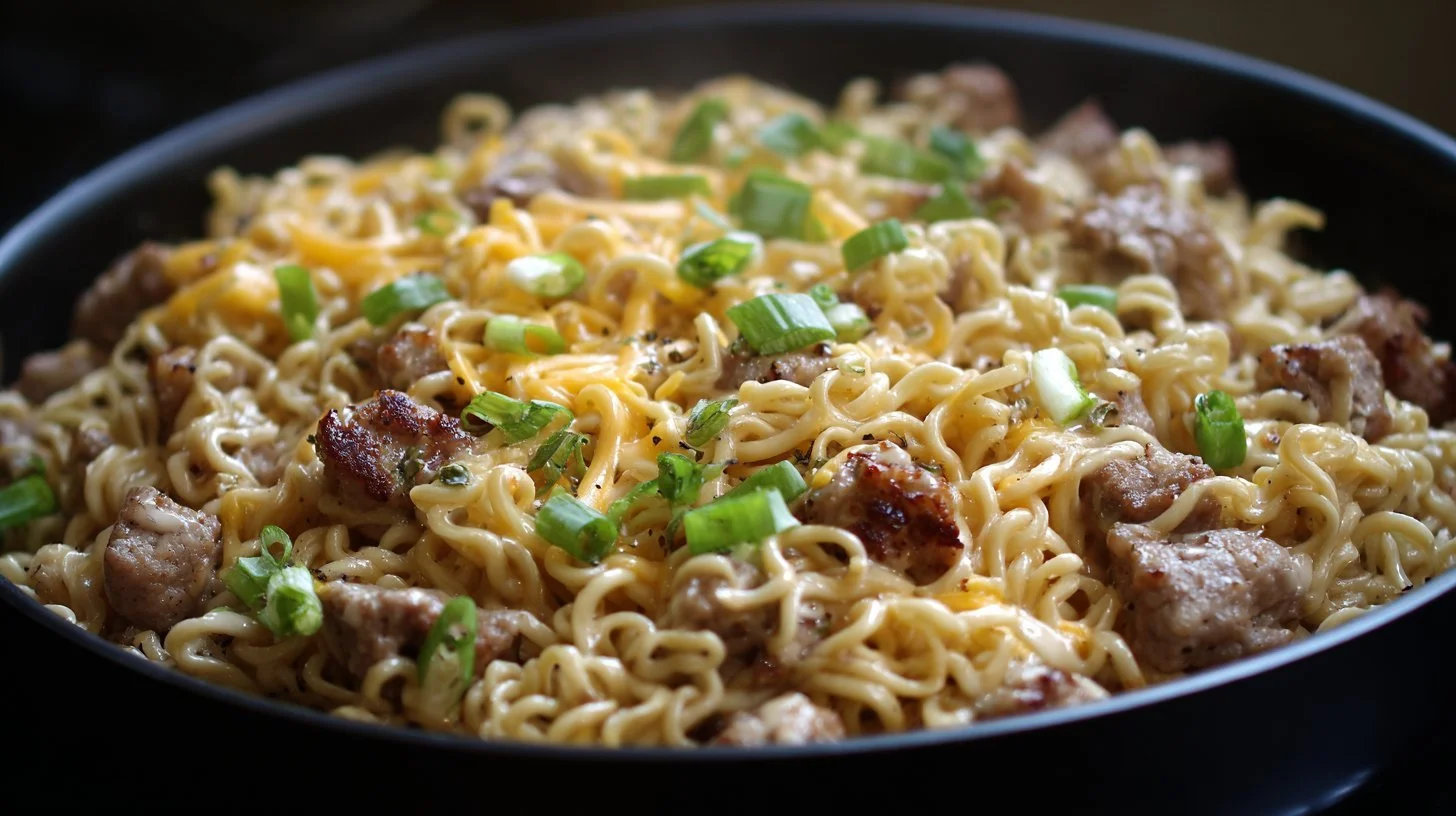 Cheesy ramen skillet with smoked sausage, ready in 20 minutes.