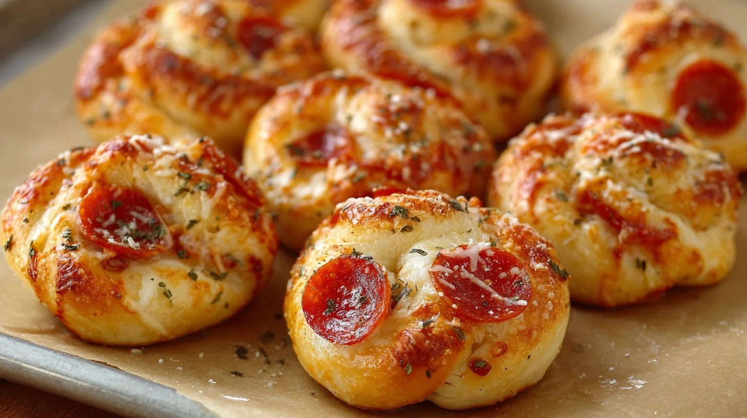 Four cheese pepperoni pizza knots with gooey melted cheese