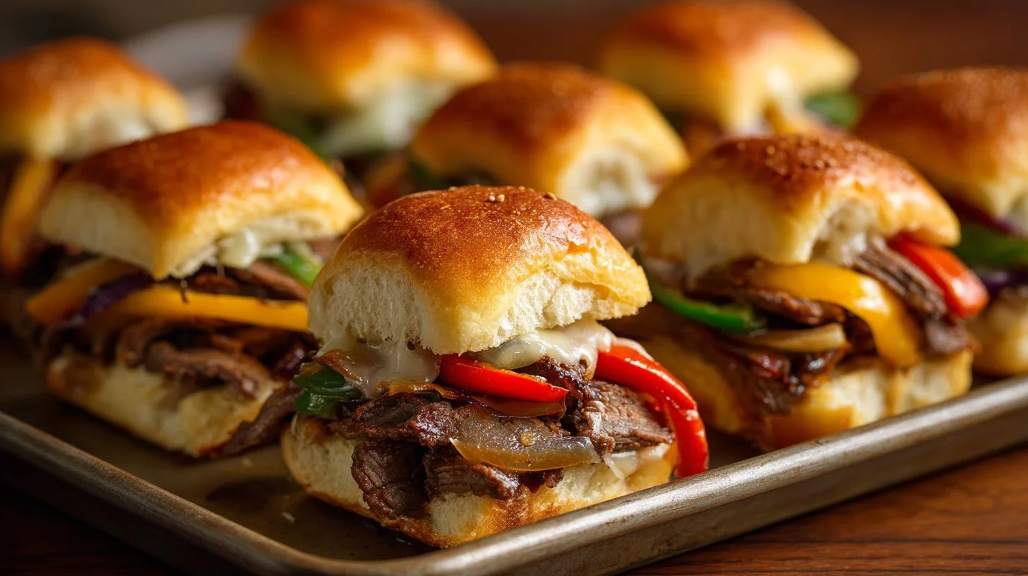 Easy French Dip Roast Beef Sliders with melted provolone cheese
