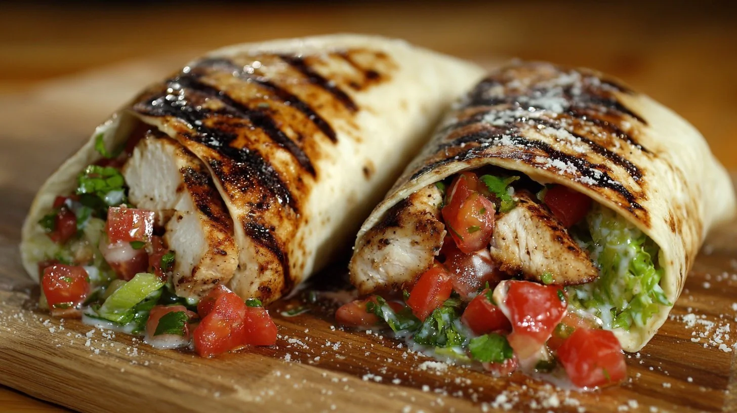 Delicious grilled chicken wrap with smoky chipotle mayo and fresh ingredients