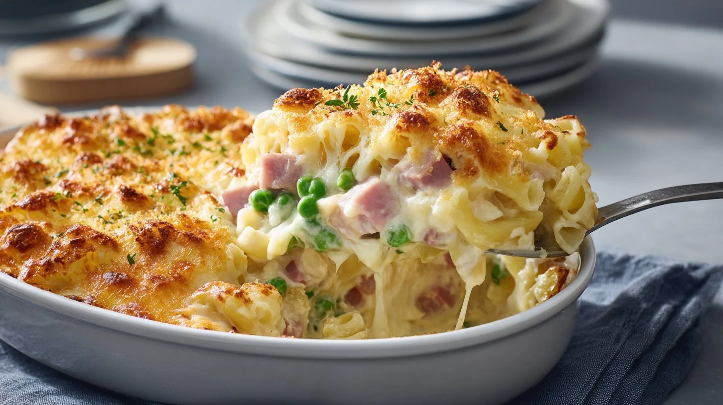 Delicious Easy Ham and Pea Pasta Casserole served in a dish