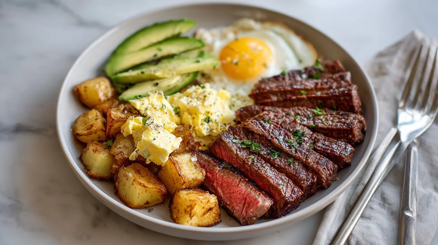Herb steak and eggs with crispy roasted potatoes on a plate