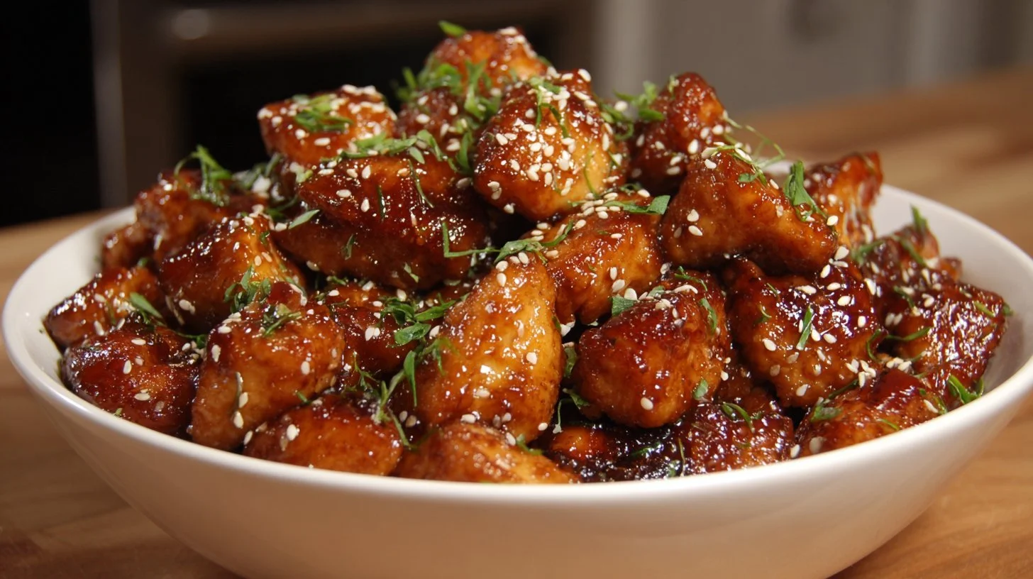 Delicious honey garlic chicken bites served with rice, perfect for a quick meal.
