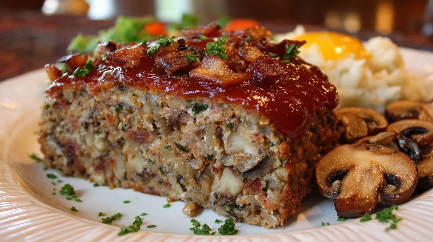 Delicious mushroom swiss cheese meatloaf with rich savory flavor served on a plate