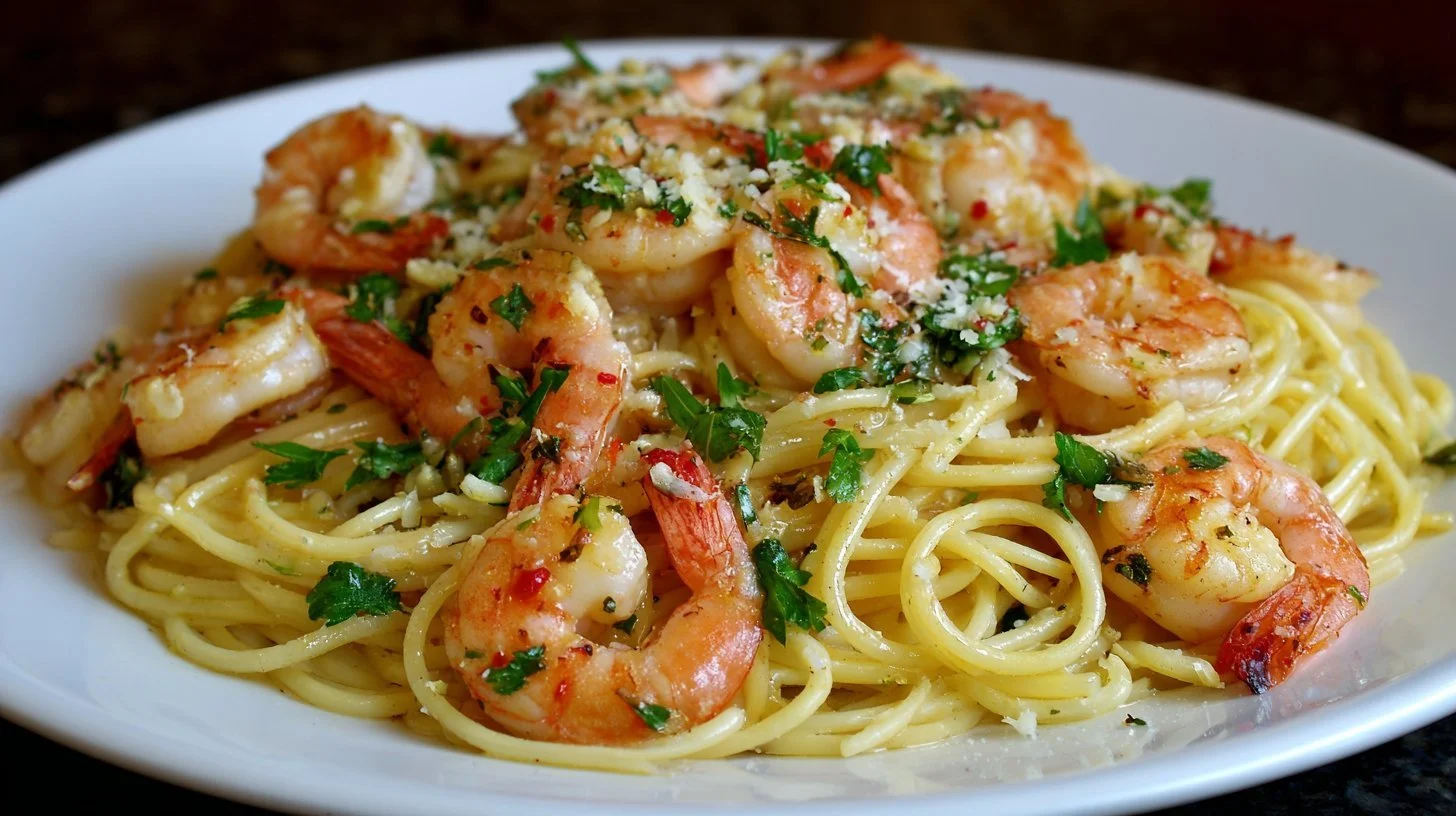 Easy one-pot creamy shrimp pasta served in a bowl with fresh herbs.