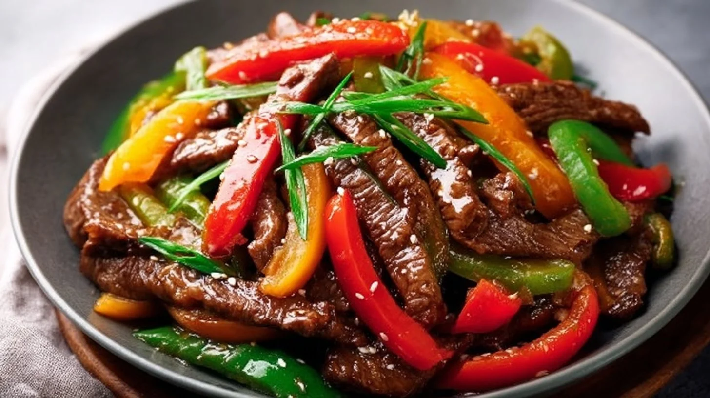 A delectable serving of easy pepper steak with colorful vegetables.