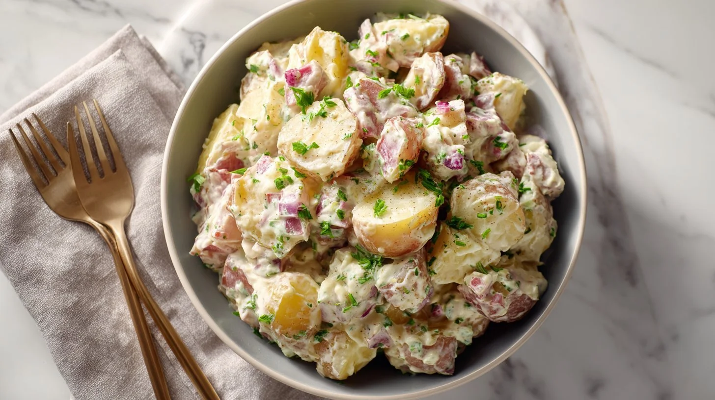 Bowl of Easy Southern Potato Salad with creamy dressing and herbs