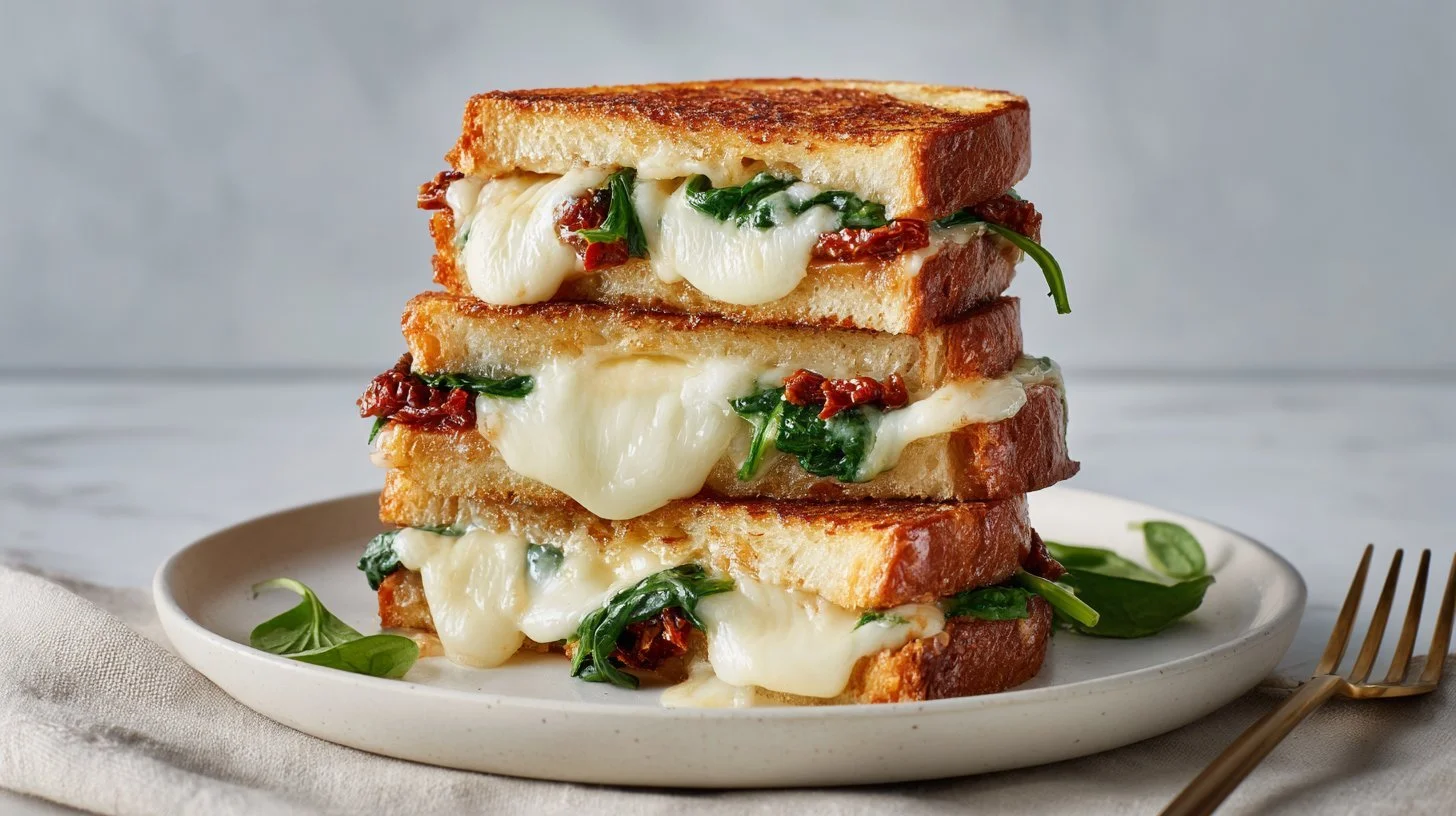 Easy spinach and sun-dried tomato grilled cheese sandwich on a plate