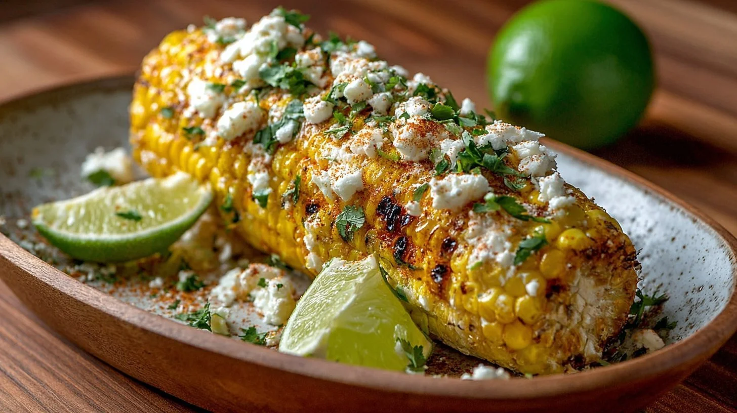 Delicious elote, traditional Mexican street corn with toppings