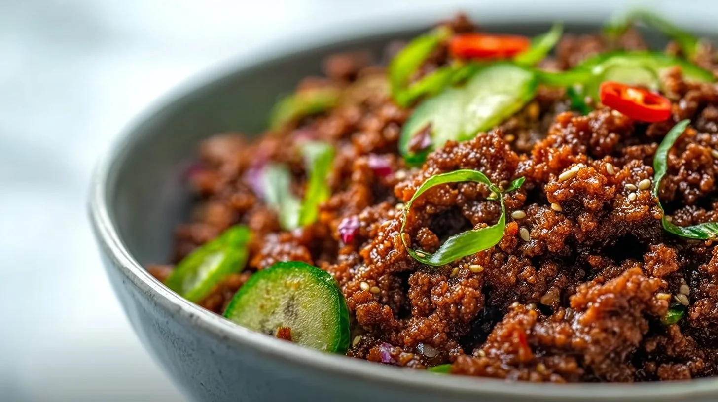 Plate of Korean-Inspired Ground Beef served with vegetables and sauce