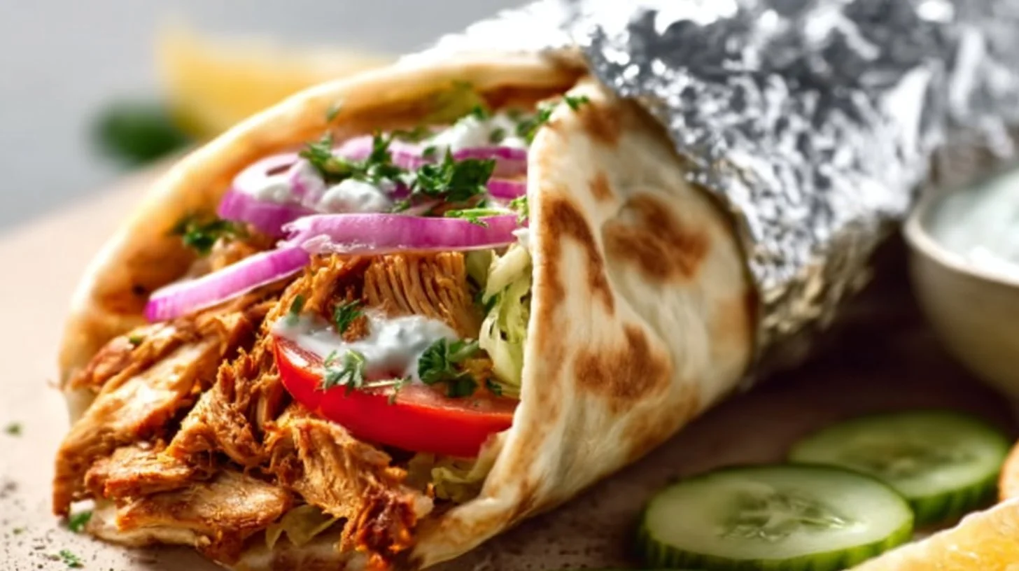 Delicious slow cooker chicken shawarma served with fresh vegetables and pita.