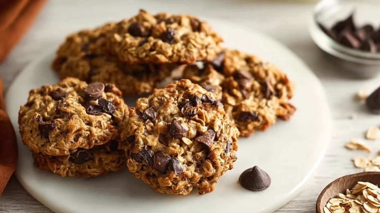 Flourless peanut butter banana oatmeal cookies on a plate with a rustic background