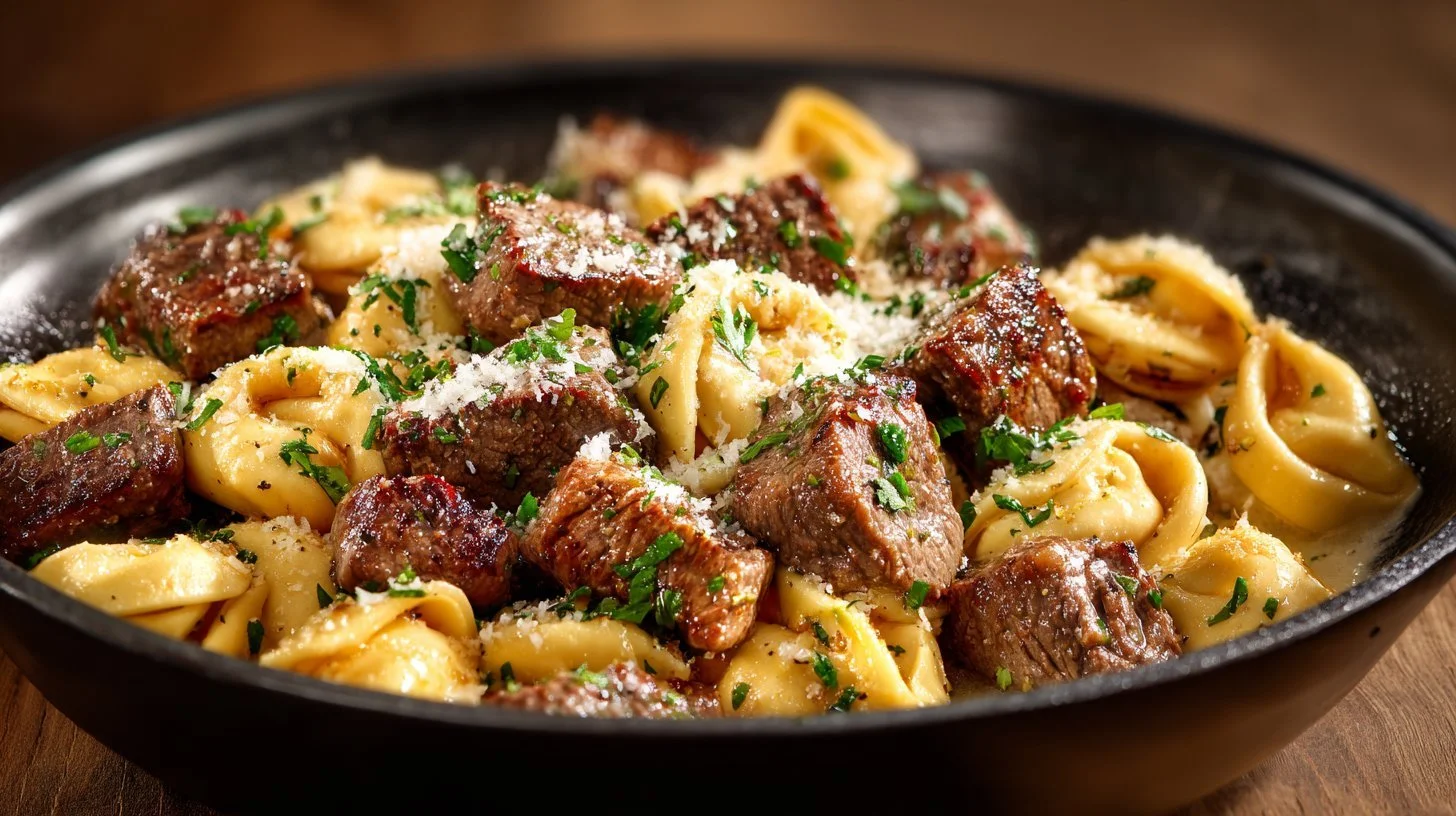 Garlic butter steak bites served with creamy Alfredo tortellini on a plate