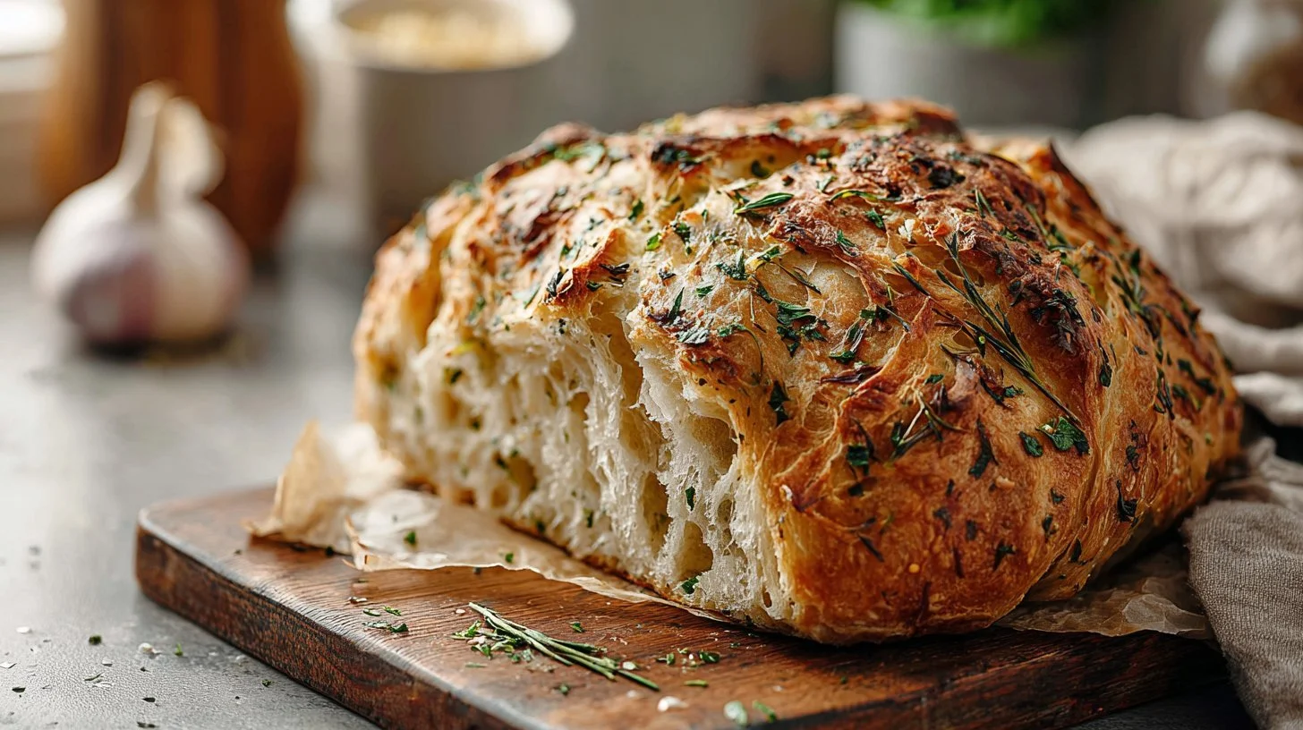 Freshly baked Garlic Herb Bread loaf served with herbs