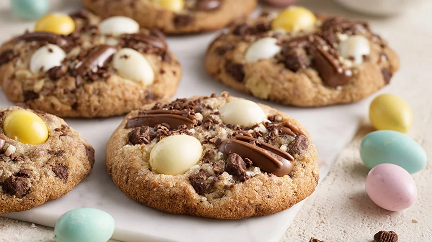 Gluten-free Cadbury Egg Cookies topped with colorful chocolate and egg-shaped candy.