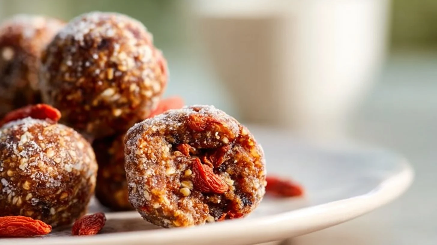 Healthy goji berry balls made from dried goji berries and nuts.