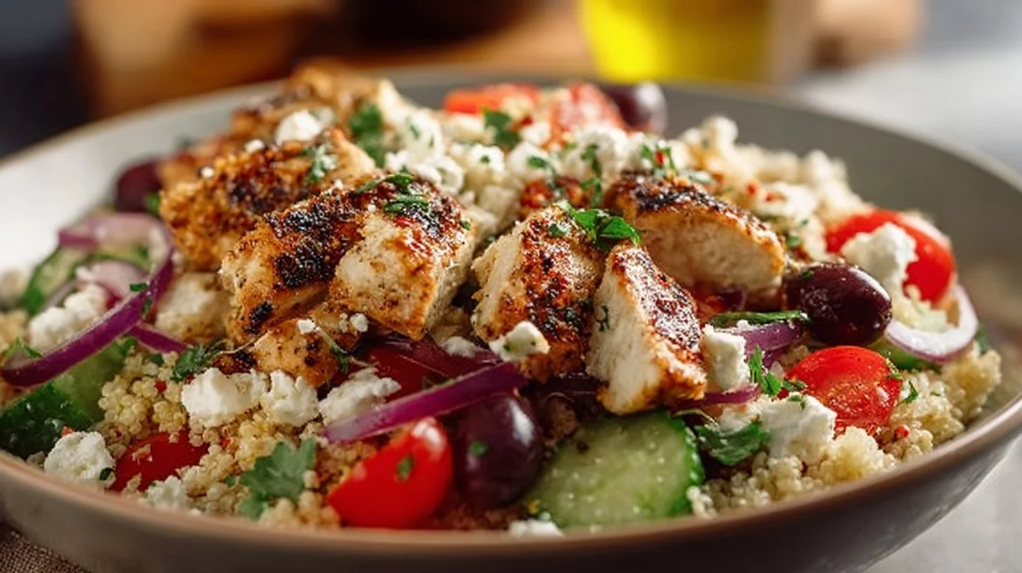 Delicious Greek Chicken Bowl with marinated chicken and fresh vegetables