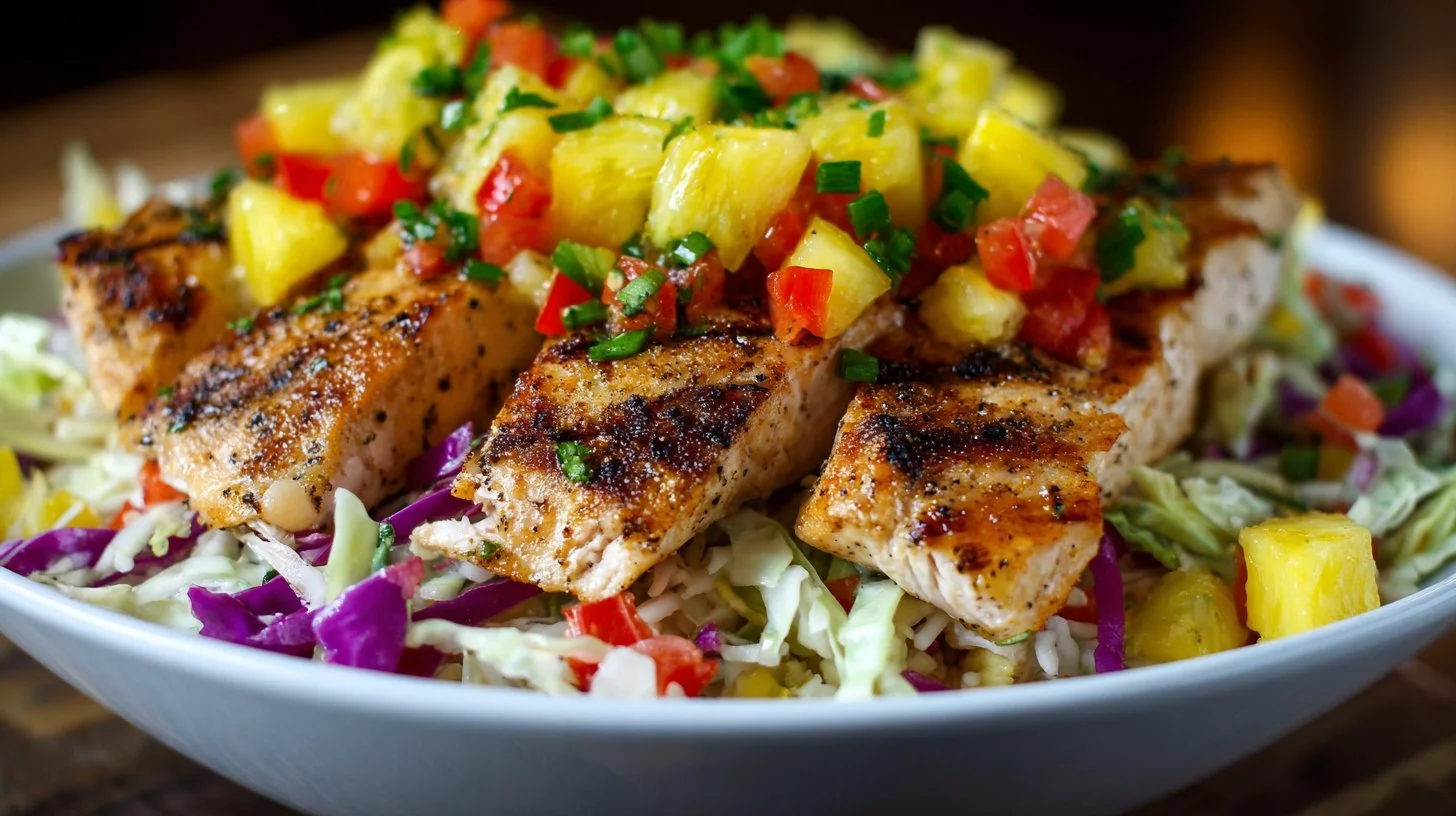 Plate of grilled fish garnished with pineapple salsa and cabbage slaw