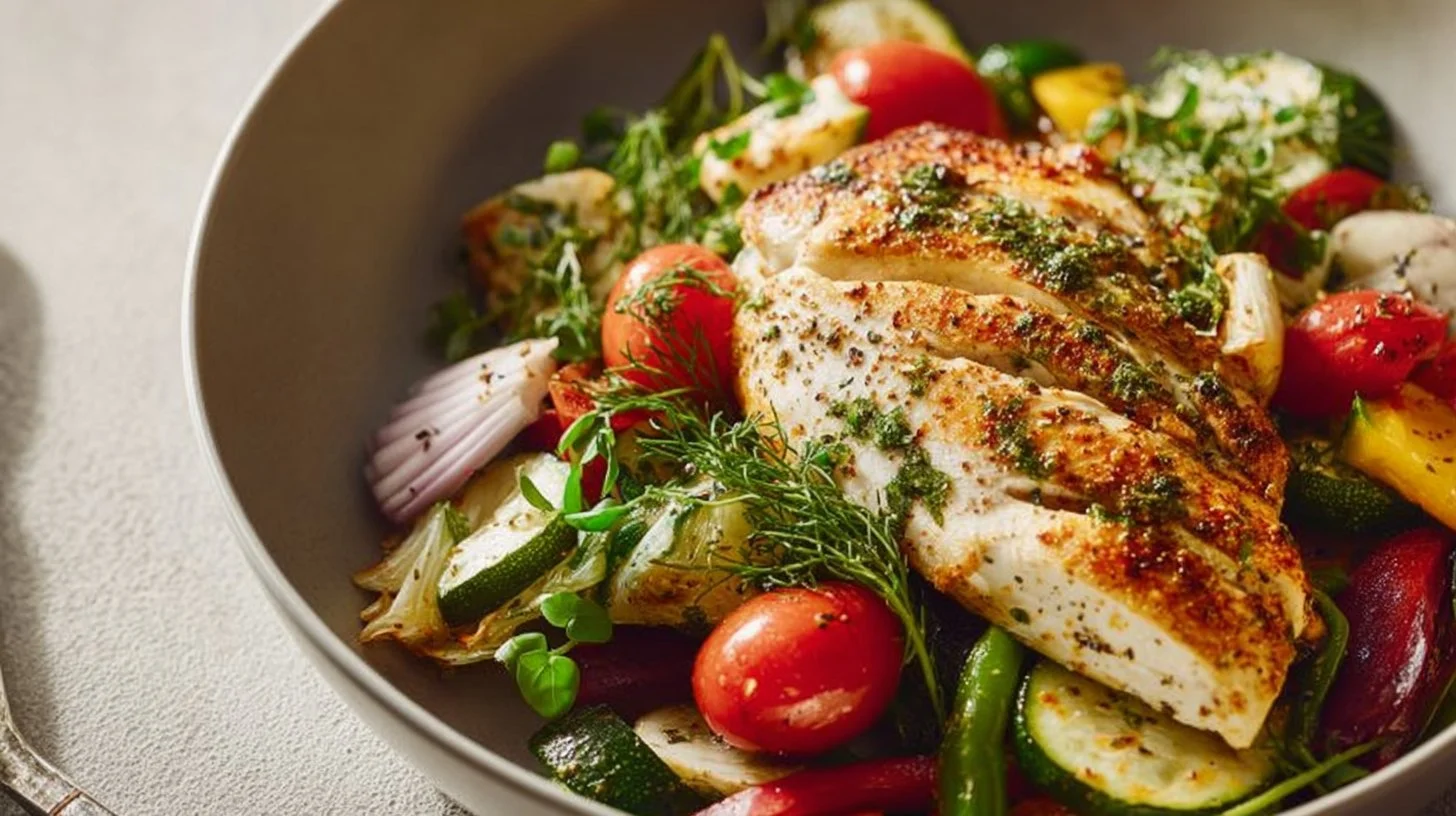 Healthy chicken dinner with vegetables and herbs in a vibrant plate