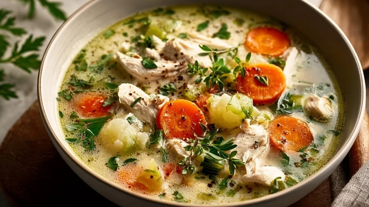 Bowl of healthy chicken soup with vegetables and herbs, a comforting dish.