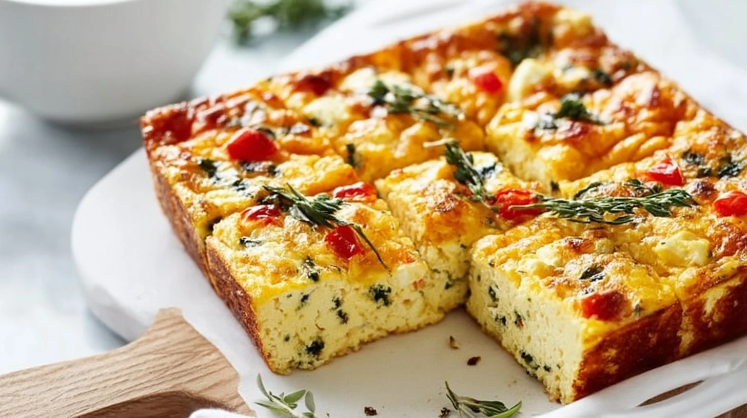 Hearty cottage cheese egg bake served on a brunch table.