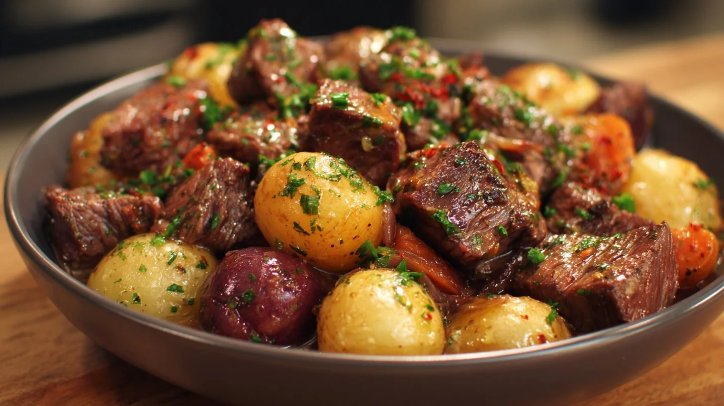 Hearty garlic butter beef with potatoes in a slow cooker