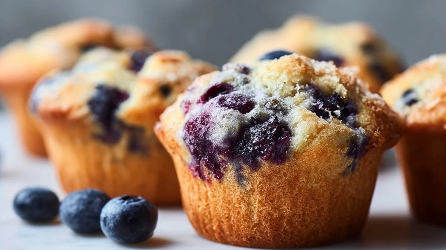 High protein blueberry muffins on a wooden table