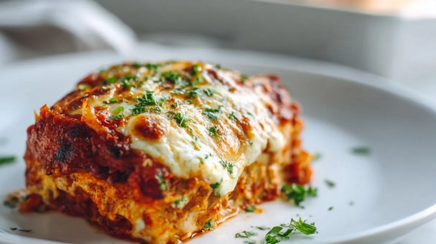 High protein chicken parmesan casserole served in a baking dish