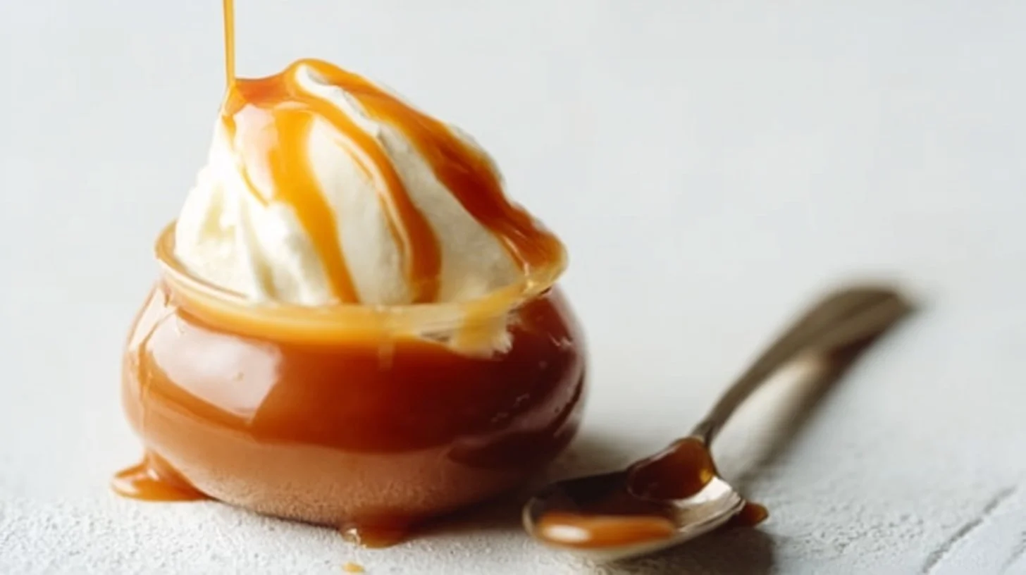 Homemade buttery caramel sauce drizzled over dessert