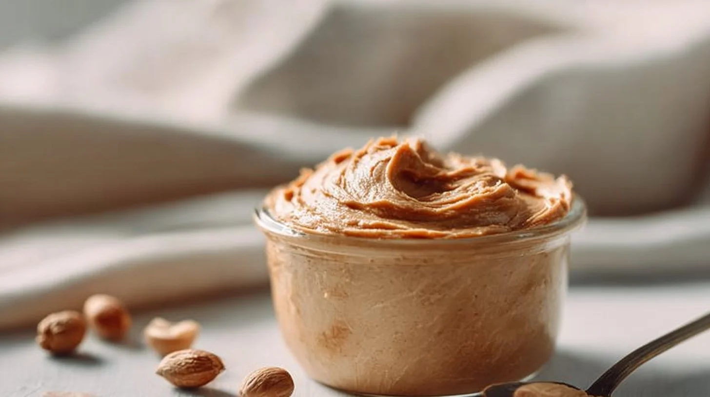 Jar of homemade creamy peanut butter with a spoon on a wooden table