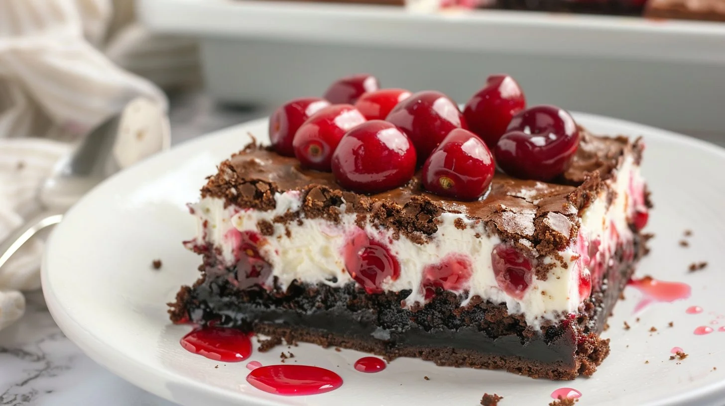 Irresistibly delicious cherry cheesecake brownie bars on a plate